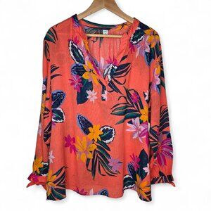 NWT Old Navy Linen Blend Popover Top Women Floral Tropical Hawaiian Tie Wrist XL